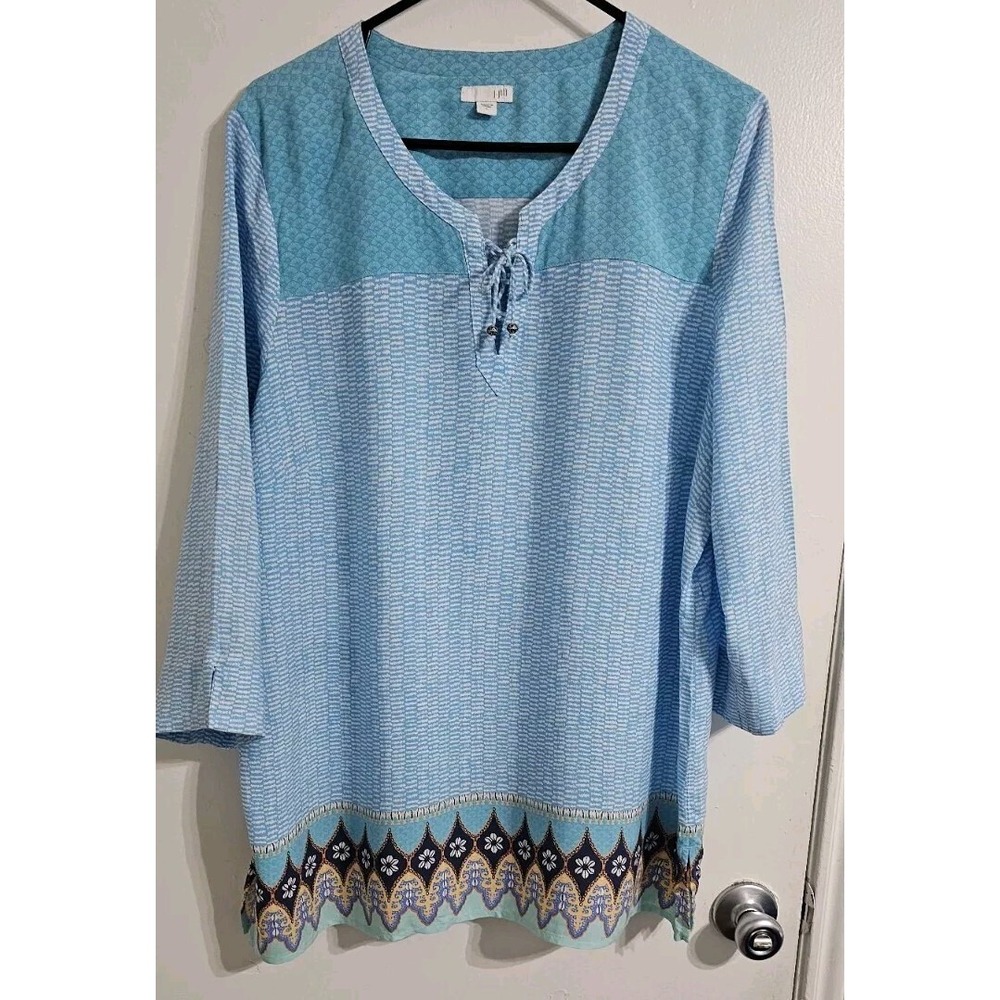 J.Jill Women Aegean Seashell Tunic Top Large Blue Green Peasant Boho Soft Mature